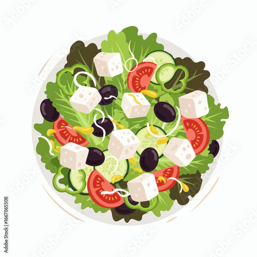 Fresh salad in a white bowl with lettuce feta olives tomatoes cucumbers bell peppers white onion and yellow dressing