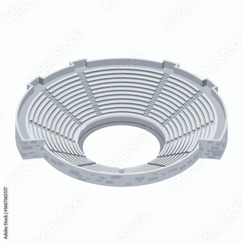 Grey isometric amphitheater structure with tiered seating around a central circular arena on a white background