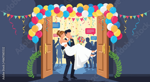Groom carries bride through a festive doorway with balloons bunting confetti and laurel into a gathering