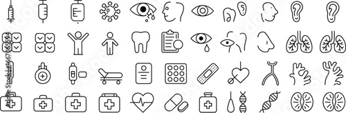 Medical healthcare outline icon set, hospital equipment, doctor tools, medicine, pharmacy, patient care, treatment, anatomy, disease prevention vector