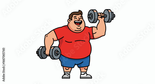 Happy cartoonstyle overweight man in red shirt and blue shorts smiling while lifting two gray dumbbells one overhead
