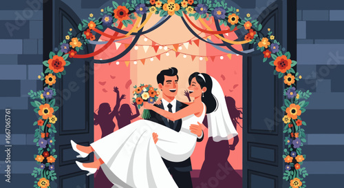 Groom carries bride through a flowerdecorated archway as guests celebrate in background