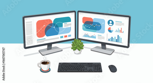 Illustrated desk setup featuring two computer monitors displaying data keyboard mouse coffee and a plant