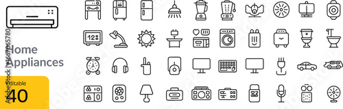 Home appliances icon set, household electronics outline, kitchen tools, smart devices, washing machine, fridge, lamp, fan, microwave vector