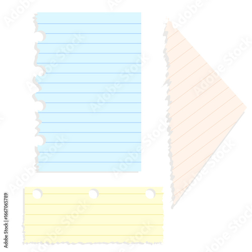 Set of lined torn notebook papers in blue, beige, and yellow. Pages have ripped edges and holes, perfect for school notes, reminders, or digital scrapbooking designs.