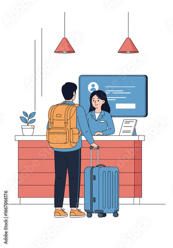 Guest checks in at hotel reception desk with luggage before travel adventure