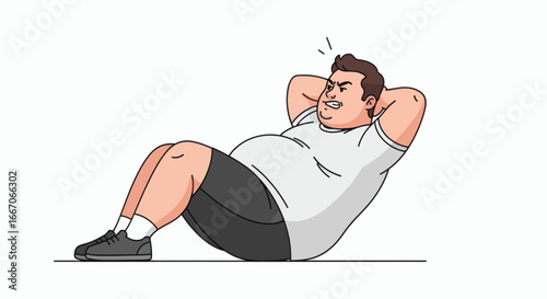 Overweight man straining during a situp lying on his back with hands behind head on a white background