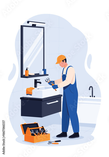 Professional plumber fixing faucet in modern bathroom with tools ready for repair