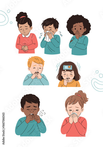 Children suffering from common cold symptoms and illnesses during winter season