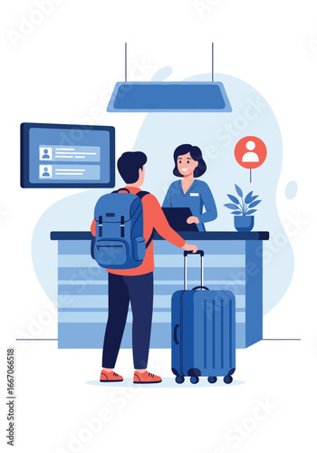 Guest arriving at hotel reception desk with luggage for check in procedure