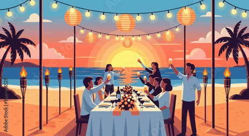 People dining at a long table on a beach at sunset surrounded by string lights lanterns and torches