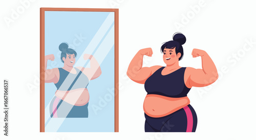 Plussize woman in activewear flexing muscles in front of a mirror smiling confidently