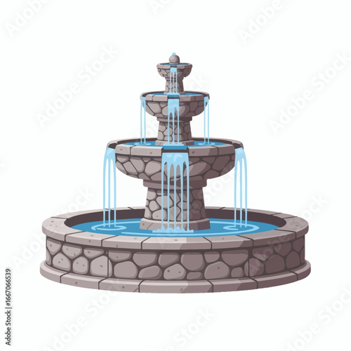 Pixel art stone tiered fountain with blue water flowing into a circular lower basin