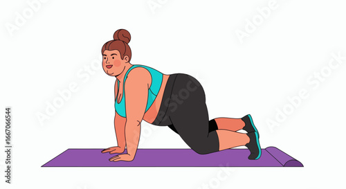 Plussize woman in turquoise sports bra and black leggings on a purple yoga mat in an exercise pose