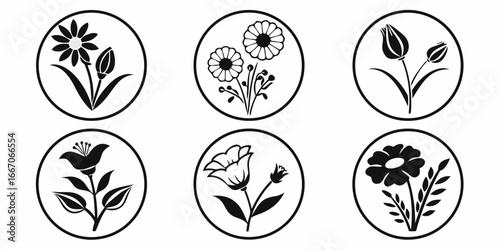 Collection of Six Stylized Floral Icons in Circles