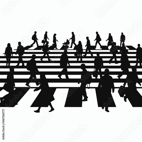 Silhouettes of many people walking across a striped crosswalk against a white background