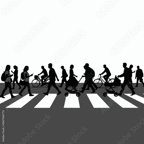 Silhouettes of diverse people and cyclists on a zebra crossing including individuals with backpacks and pushing strollers