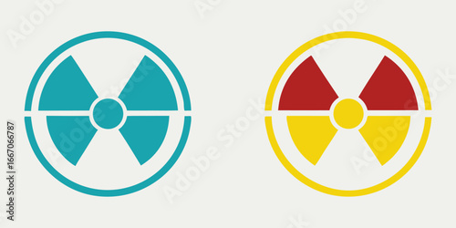 Radiation. Warning. Minimalist. A modern vector icon set of two minimal, outline-style radioactive symbols for a tech logo, a science infographic, or a futuristic design element graphic.
