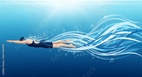 Swimmer in dark suit cap and goggles glides underwater creating bubbles and bright blue water currents