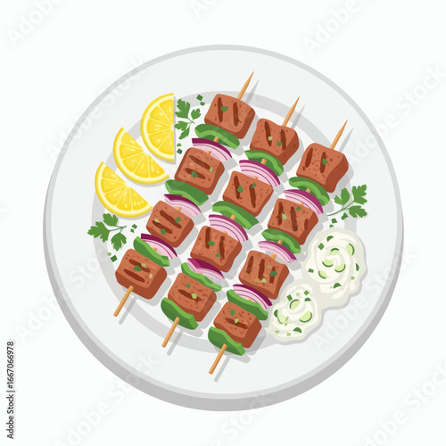 Three skewers of meat green peppers and red onions on a white plate with lemon wedges parsley and white sauce