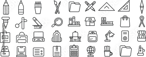 School and stationery icon set with pencil, eraser, ruler, bag, magnifier, folder, books, backpack, lamp, globe, and sharpener