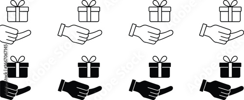 Gift box icons with hand holding present, line and filled style, giving, celebration, charity donation, reward, surprise, and holiday