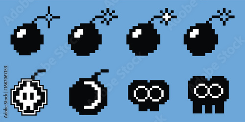Pixel Art. Bomb. Game Over. A retro 8-bit vector icon set of bombs and skulls for a video game UI, an arcade-style graphic, or a nostalgic 80s-themed t-shirt design element.
