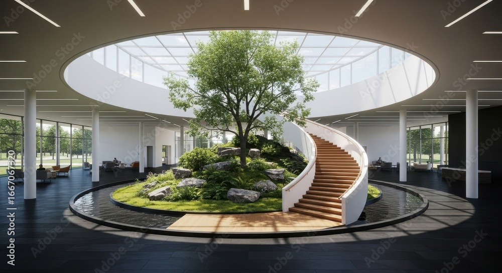 Fototapeta premium Modern Architectural Atrium with Lush Indoor Garden and Spiral Staircase