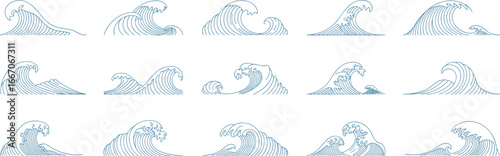 Ocean waves vector set, Japanese Hokusai inspired sea wave illustrations, abstract water line art, tsunami and surfing ocean design elements