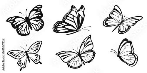 Collection of Stylized Black and White Butterfly Silhouettes