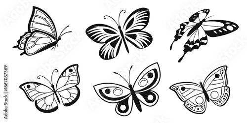 Collection of Stylized Black and White Butterfly Silhouettes