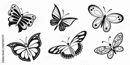 Collection of Stylized Black and White Butterfly Silhouettes