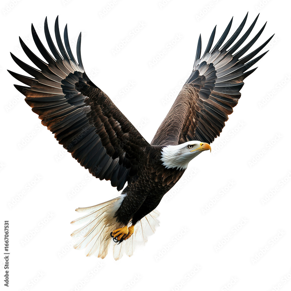 Obraz premium Large eagle is flying in the sky with its wings spread wide