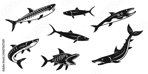 Collection of Stylized Black and White Fish Silhouettes