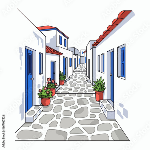 Whitewashed village alley with blue doors red roofs potted plants and stonepaved path