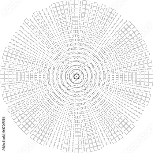 Circular figure with squared outlines forming regular tapering rays that radiate outward from the center.