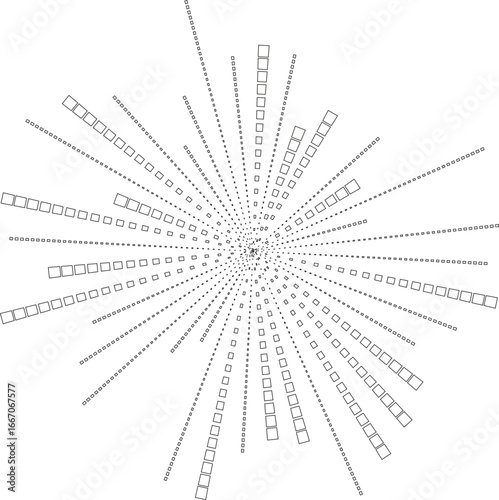 Circular vector displaying irregular squared rays with a pronounced variation in their lengths.