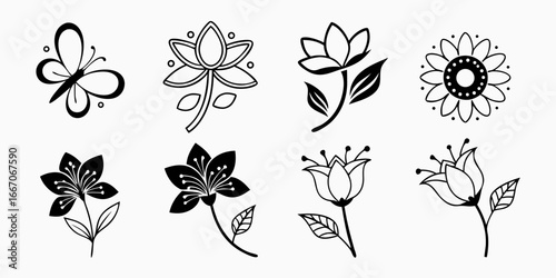 Collection of Stylized Black and White Floral and Butterfly Illustrations