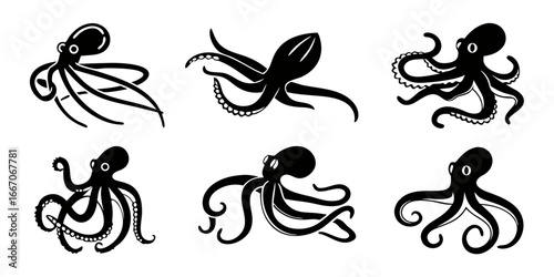 Collection of Stylized Black Octopus Illustrations