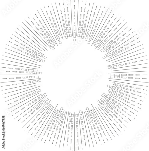 Outline circle with squared irregular rays at both ends radiating around a central space with tapering lines.