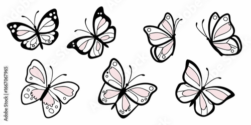 Collection of Stylized Butterflies with Pink Accents