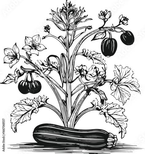 Bold black and white doodle of zucchini plant, vector illustration, fruits, flowers and leaves, isolated vegetable elements 2