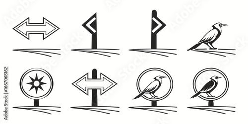 Collection of stylized directional signs and birds