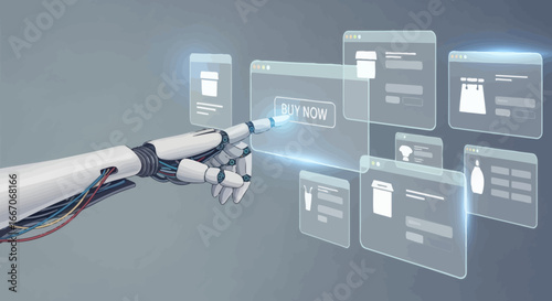 A robot hand taps a Buy Now button on a translucent screen displaying fashion items against a gray backdrop