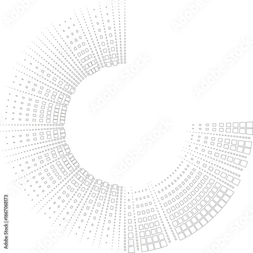 Vector circle with medium squared rays arranged irregularly and one quarter missing, leaving central space.