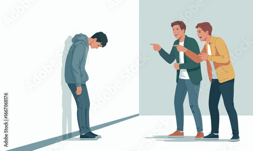 A sad teen stands by a wall while two laughing teens point at him