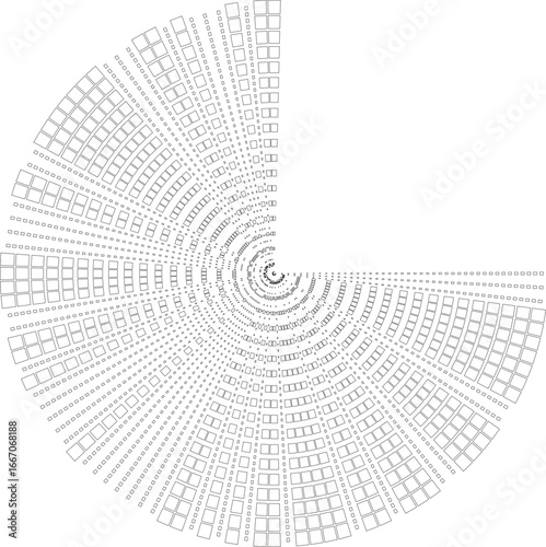 Circular vector outline with squared rays arranged irregularly and one quarter of rays omitted.
