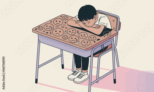 A student rests head on a desk covered with sad emojis seated in a classroom chair