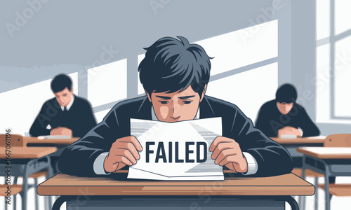 A student in a classroom looks down at a paper that reads FAILED with two other students visible