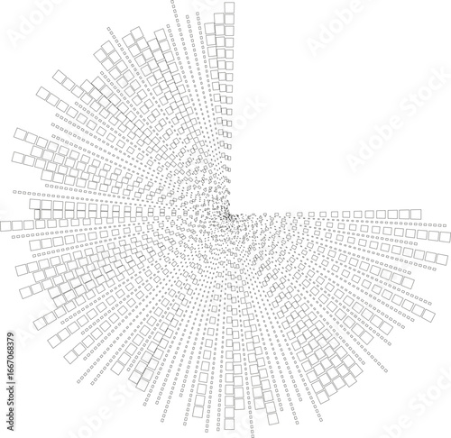 Circle outline composed of squared irregular rays with one quarter of the arrangement absent.